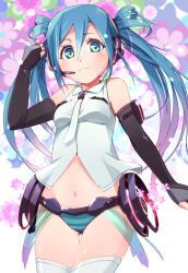 Rule 34 | 1girl, aqua eyes, aqua hair, bad id, bad pixiv id, elbow gloves, fingerless gloves, gloves, hatsune miku, hatsune miku (append), highres, long hair, looking at viewer, navel, necktie, panties, pemu, pomon illust, smile, solo, striped clothes, striped panties, thighhighs, twintails, underwear, vocaloid, vocaloid append