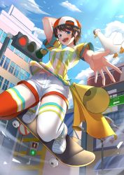 Rule 34 | 1girl, absurdres, artist name, backwards hat, bird, black hair, blue sky, breasts, building, cloud, day, duck, hat, highres, hololive, medium breasts, oozora subaru, oozora subaru (1st costume), oozora subaru (duck), open mouth, orange thighhighs, outdoors, shirt, shoelaces, shoes, short hair, shorts, skateboard, skateboarding, sky, solo, striped clothes, striped shirt, teeth, thighhighs, traffic light, two-tone legwear, upper teeth only, vertical-striped clothes, vertical-striped shirt, virtual youtuber, white footwear, white shorts, white thighhighs, zknxart99