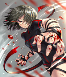 Rule 34 | 1girl, artist name, black ribbon, blood, blood on face, blood on hands, blurry, bodysuit, breasts, collarbone, depth of field, dutch angle, floating hair, gia, glowing, glowing eye, grey hair, hair over one eye, looking at viewer, original, parted lips, red eyes, ribbon, short hair, signature, small breasts, solo, tight clothes