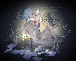 Rule 34 | 1boy, armillary sphere, asahimachi, blue hair, chemical symbol, copyright name, dr. stone, erlenmeyer flask, flask, glowing, gradient hair, holding, ishigami senkuu, looking up, male focus, medium hair, multicolored hair, profile, red eyes, sidelocks, silver hair, sitting, smile, solo, sparkle, spiked hair, test tube