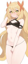 Rule 34 | 1girl, absurdres, bare legs, bare shoulders, black panties, blonde hair, blush, breasts, butterfly hair ornament, celine (fire emblem), covering privates, covering crotch, expressionless, fire emblem, fire emblem engage, green eyes, hair ornament, highres, long hair, looking at viewer, moursho, navel, nintendo, panties, small breasts, solo, string panties, thick thighs, thighs, thong, underwear, very long hair, wide hips