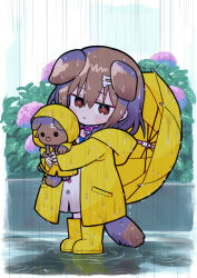 Rule 34 | 1girl, :&lt;, aged down, animal, animal collar, animal ears, bone hair ornament, boots, brown eyes, brown hair, collar, commentary, dog, dog ears, dog girl, dog tail, ear down, flower, full body, hair between eyes, hair ornament, highres, holding, holding animal, hololive, inugami korone, inugami korone (1st costume), inugami korone (dog), leaf, looking at viewer, outdoors, pink collar, rain, raincoat, rubber boots, sabaku chitai, sidelocks, simple background, standing, tail, tongue, tongue out, umbrella, virtual youtuber, wet, wet clothes, wet floor, white background, yellow footwear, yellow raincoat, yellow umbrella