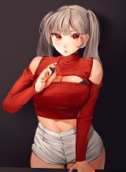 Rule 34 | 1girl, absurdres, bare shoulders, breasts, cleavage, cleavage cutout, clothing cutout, cosmetics, cowboy shot, crop top, grey hair, high-waist shorts, highres, holding, large breasts, lipstick tube, long hair, long sleeves, looking at viewer, midriff, nail polish, naingnaing, navel, original, parted lips, red eyes, red nails, red sweater, ribbed sweater, shirt, short shorts, shorts, shoulder cutout, solo, standing, sweater, twintails, white shorts