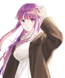 Rule 34 | 1girl, arm up, blunt bangs, breasts, brown robe, commentary request, dress, fern (sousou no frieren), highres, long hair, long sleeves, looking at viewer, mamechi, medium breasts, open clothes, open robe, parted lips, purple eyes, purple hair, robe, simple background, solo, sousou no frieren, upper body, white background, white dress