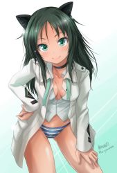 Rule 34 | 1girl, aged up, animal ears, artist name, black neckwear, cat ears, cowboy shot, dress shirt, francesca lucchini, green eyes, green hair, hair down, hand on own thigh, hand on thigh, haruhata mutsuki, leaning forward, long hair, panties, shirt, solo, strike witches, striped clothes, striped panties, twitter username, underwear, uniform, world witches series