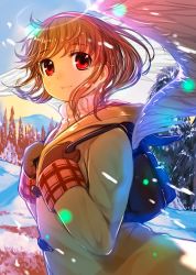 Rule 34 | 1girl, backpack, bag, brown hair, brown mittens, coat, duffel coat, feathered wings, kanon, looking at viewer, looking to the side, mikazuki akira!, mittens, ribbed sweater, solo, sweater, tree, tsukimiya ayu, turtleneck, turtleneck sweater, wings