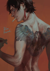 Rule 34 | 1boy, akakokko (niro azarashi), arm at side, back, back tattoo, bird tattoo, black hair, blue eyes, blue period, cigarette, clenched hand, copyright name, earrings, faux traditional media, from behind, highres, jewelry, looking back, male focus, mouth hold, murai yakumo, orange background, short hair, solo, tassel, tassel earrings, tattoo, teeth hold, topless male