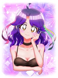 Rule 34 | 1girl, absurdres, aged up, ahoge, bare arms, bebii, black choker, breasts, brown eyes, choker, cleavage, closed mouth, collarbone, cropped torso, hair intakes, head rest, head tilt, highres, long hair, looking at viewer, medium breasts, multicolored hair, precure, purple hair, shiny skin, smile, solo, spaghetti strap, streaked hair, suzumura sango, tropical-rouge! precure, upper body