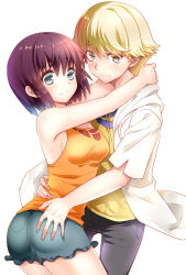 Rule 34 | 1boy, 1girl, ass, ass grab, bare shoulders, blonde hair, blush, breasts, brown hair, cleavage, couple, finger marks, grey eyes, hand around neck, hand on another&#039;s hip, height difference, hetero, hood, hoodie, kaburagi sui, looking at viewer, nishio rina, ootani mikoto, pants, short hair, short sleeves, shorts, simple background, soukyuu no fafner, tank top, white background, yellow eyes