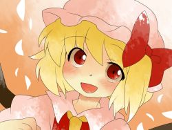 Rule 34 | 1girl, :d, ascot, bad id, bad pixiv id, blonde hair, bow, comic, dutch angle, embodiment of scarlet devil, female focus, flandre scarlet, gradient background, hair bow, hammer (sunset beach), hat, open mouth, portrait, red eyes, short hair, side ponytail, silent comic, smile, solo, touhou, wings