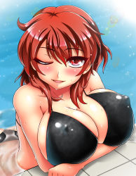 Rule 34 | 1girl, bikini, black bikini, blush, breast rest, breasts, covered erect nipples, gradient background, highres, horikawa raiko, huge breasts, looking at viewer, one eye closed, open mouth, panties, partially submerged, red eyes, red hair, short hair, smile, solo, sparkle, sunlight, swimsuit, touhou, underwear, upper body, water, wet, yazuki gennojou