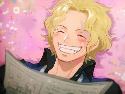 Rule 34 | 1boy, black shirt, blonde hair, blush, close-up, collared shirt, commentary, flower, lying, male focus, necktie, newspaper, one piece, potechi norisio, sabo (one piece), scar, scar on face, shirt, short hair, smile, solo, waistcoat, wavy hair, white necktie