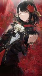 Rule 34 | 1girl, au ra, warrior of light (ff14), belt, belt buckle, black gloves, black hair, bleeding, blood, buckle, closed eyes, closed mouth, elbow gloves, final fantasy, final fantasy xiv, flower, frilled cuffs, frills, gloves, hair ornament, highres, holding, holding flower, horns, injury, leaf, light particles, light rays, long hair, ponytail, red flower, scales, solo, spider lily, torn clothes, torn gloves, tsuiru, white flower, white spider lily