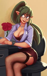 Rule 34 | 1girl, :d, black-framed eyewear, black bra, blue eyes, bra, brown background, brown thighhighs, chair, crossed legs, desk, elf, flower, garter straps, glasses, green hair, high ponytail, highres, jewelry, long hair, looking at viewer, looking to the side, necklace, office chair, office lady, open clothes, open mouth, open shirt, original, pencil skirt, pointy ears, raichiyo33, red flower, red rose, red skirt, rose, round eyewear, round teeth, shirt, short sleeves, sideways glance, simple background, sitting, skirt, smile, solo, swivel chair, teeth, thighhighs, underwear, vase, very long hair, watch, white shirt, wristwatch, zettai ryouiki