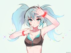Rule 34 | 1girl, arm up, armpits, bad id, bad pixiv id, black hairband, blue eyes, blue hair, blue nails, bracelet, breasts, cleavage, closed mouth, collarbone, crop top, floating hair, grey background, hair between eyes, hairband, hatsune miku, headphones, headset, jewelry, long hair, looking at viewer, medium breasts, microphone, nail polish, sandeul, simple background, sketch, smile, solo, twintails, upper body, very long hair, vocaloid