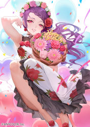 Rule 34 | 1girl, alternate costume, arm up, balloon, bare legs, blurry, blush, bouquet, braid, breasts, commentary, confetti, depth of field, dress, earrings, ekao, eyelashes, floral print, flower, flower earrings, flower knot, frilled dress, frills, full body, gundou mirei, gundou mirei (4th costume), hair flower, hair ornament, happy birthday, head wreath, heart balloon, holding, holding bouquet, jewelry, legs together, lips, lipstick, long hair, looking at viewer, makeup, medium breasts, nail polish, nijisanji, official art, parted bangs, parted lips, pink eyes, print dress, purple hair, red lips, red nails, ribbon, shoes, simple background, smile, solo, thighs, virtual youtuber, watermark, wavy hair, white background, white dress, white footwear