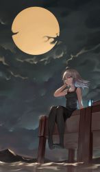 Rule 34 | 1girl, absurdres, ahoge, bad id, bad pixiv id, black dress, black pantyhose, breasts, cloud, cloudy sky, dock, dokomon, dress, evening gown, expressionless, full moon, girls&#039; frontline, highres, lantern, light brown hair, m200 (girls&#039; frontline), m200 (war correspondent) (girls&#039; frontline), moon, no shoes, official alternate costume, pantyhose, purple eyes, sitting, sky, small breasts, water