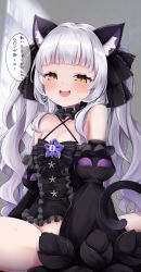 Rule 34 | 1girl, animal ear fluff, animal ears, bare shoulders, black dress, black ribbon, black sleeves, blunt bangs, blush, bow, brooch, cat ears, cat girl, cat tail, center frills, choker, cocozasa, collarbone, criss-cross halter, detached sleeves, dress, dress bow, frilled choker, frilled ribbon, frills, girl on top, gothic lolita, hair ribbon, halter dress, halterneck, highres, hololive, implied sex, indoors, jewelry, lolita fashion, long hair, long sleeves, looking at viewer, murasaki shion, murasaki shion (gothic lolita), navel, open mouth, ribbon, silver hair, smile, solo, spread legs, tail, teeth, twintails, upper teeth only, virtual youtuber, wide sleeves, yellow eyes
