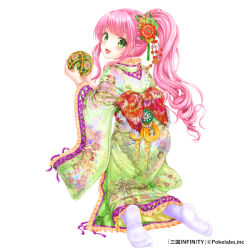 Rule 34 | 1girl, blush, bow, company name, copyright name, floral print, from behind, full body, green eyes, hair ornament, holding, kneeling, long hair, looking at viewer, looking back, moyon, official art, open mouth, pink hair, ponytail, red bow, sangoku infinity, simple background, solo, white background, white legwear, wide sleeves