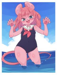 Rule 34 | 1girl, animal ears, animal nose, arms up, beach, blue eyes, blue one-piece swimsuit, blush, breasts, claw pose, cloud, covered navel, furry, furry female, gluteal fold, highres, looking at viewer, mouse ears, mouse girl, mouse girl (yuuki (yuyuki000)), mouse tail, ocean, one-piece swimsuit, open mouth, original, outdoors, pink hair, sailor collar, short hair, sky, small breasts, smile, solo, swimsuit, tail, thighs, wading, water, yuuki (yuyuki000)
