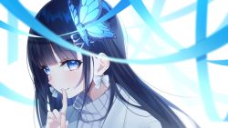 Rule 34 | 1girl, aoi nabi, black hair, blue eyes, bow, bow earrings, earrings, finger to mouth, grey jacket, grey sweater, hair behind ear, highres, indie virtual youtuber, jacket, jewelry, long hair, looking at viewer, parted lips, ribbon, shushing, smile, solo, sweater, the cold, turtleneck, turtleneck sweater, virtual youtuber