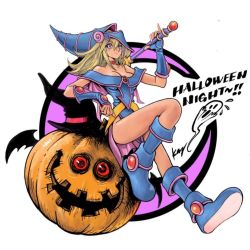Rule 34 | arm up, bare shoulders, blonde hair, blue footwear, blue hat, blush, boots, breasts, choker, cleavage, dark magician girl, duel monster, fingerless gloves, ghost, gloves, halloween, hat, heart, heart choker, holding, holding wand, jack-o&#039;-lantern, leg up, long hair, looking at viewer, official art, protected link, pumpkin, red eyes, signature, smile, takahashi kazuki, wand, wizard hat, yu-gi-oh!, yu-gi-oh! duel monsters