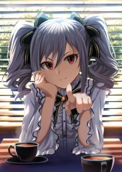 Rule 34 | 1girl, absurdres, black bow, black bowtie, black ribbon, bow, bowtie, coffee, coffee cup, cup, disposable cup, drill hair, frilled shirt, frills, grey hair, hair ribbon, highres, idolmaster, idolmaster cinderella girls, kanzaki ranko, long bangs, long hair, long sleeves, looking at viewer, red eyes, ribbon, shirt, skirt, smile, solo, takatsuki p, twin drills, twintails, white skirt, window