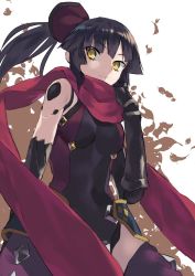 Rule 34 | 1girl, black hair, black leotard, breasts, detached sleeves, fate/grand order, fate (series), from below, hair ornament, highres, kaerude123, katou danzou (fate), leotard, long hair, medium breasts, ponytail, purple thighhighs, red scarf, scarf, solo, thighhighs, white background, yellow eyes