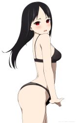 1girl absurdres black_bra black_hair black_panties bra breasts coro_fae from_side highres kaguya-sama_wa_kokurasetai_~tensai-tachi_no_renai_zunousen~ long_hair panties shinomiya_kaguya simple_background small_breasts solo sweat underwear white_background