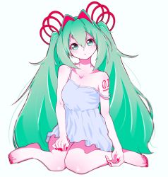 Rule 34 | 1girl, :o, absurdres, bare arms, bare legs, bare shoulders, barefoot, breasts, collarbone, commentary request, green eyes, green hair, hair between eyes, hair ornament, hatsune miku, highres, jipponwazaari, long hair, medium breasts, nail polish, nightgown, red nails, simple background, sitting, very long hair, vocaloid, white background, white nightgown