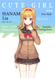 Rule 34 | 1girl, absurdres, arm at side, bad id, bad pixiv id, black sailor collar, black skirt, blonde hair, bow, brown cardigan, cardigan, commentary, english commentary, english text, hairband, hand up, head tilt, highres, long hair, long sleeves, looking at viewer, original, parted lips, pleated skirt, purple eyes, red bow, red hairband, sailor collar, school uniform, serafuku, skirt, sleeves past wrists, solo, sugar (dndi888), teeth, thighhighs, upper teeth only, white thighhighs