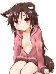 Rule 34 | 1girl, animal ears, breasts, cardigan, ears down, flying sweatdrops, hood, hoodie, imaizumi kagerou, long hair, naked cardigan, naked hoodie, natsu no koucha, open cardigan, open clothes, red eyes, sitting, small breasts, solo, sweat, sweater, tail, touhou, wolf ears, wolf tail