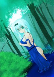 Rule 34 | 1girl, absurdres, ass, bad id, bad pixiv id, breasts, day, denpaken pochi, forest, green eyes, highres, medium breasts, nature, original, outdoors, pointy ears, short hair, smile, solo, wading