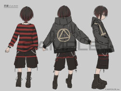 Rule 34 | 1boy, black footwear, black hair, black shorts, boots, bracelet, cargo shorts, chain, character sheet, commentary request, expressionless, from side, gishiki (gshk), grey background, hand in pocket, hands in pockets, highres, jewelry, long sleeves, male focus, mashiro meme, multicolored hair, multiple views, nijisanji, official art, profile, red hair, short hair, shorts, simple background, sketch, sleeves past wrists, spiked bracelet, spikes, streaked hair, translation request, variations, virtual youtuber