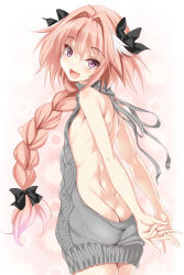 Rule 34 | 1boy, :d, areola slip, arms behind back, ass, astolfo (fate), backless dress, backless outfit, bare back, bare shoulders, black bow, black ribbon, blush, bow, braid, braided ponytail, butt crack, cle masahiro, commentary request, cowboy shot, dress, fang, fate/apocrypha, fate/grand order, fate (series), from behind, hair bow, hair intakes, hair ribbon, halterneck, highres, legs together, long hair, looking at viewer, looking back, male focus, meme attire, naked sweater, nipple slip, nipples, no panties, open mouth, own hands together, pink hair, purple eyes, ribbed sweater, ribbon, shiny skin, single braid, smile, solo, sweater, sweater dress, trap, turtleneck, turtleneck sweater, virgin killer sweater