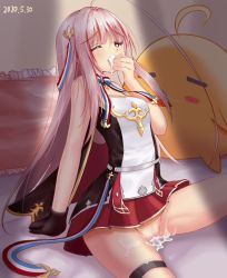 Rule 34 | 1girl, afterglow, aftersex, ahoge, azur lane, bed, commentary request, cum, cum in pussy, hair ornament, heart, heart-shaped pupils, multicolored hair, nene-hime, no panties, one eye closed, pillow, pink hair, sitting, sleeveless, solo, spread legs, stuffed toy, symbol-shaped pupils, two-tone hair, vauquelin (azur lane)