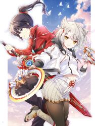 Rule 34 | 1boy, 1girl, animal, animal ear fluff, animal ears, bird, black hair, black pants, black pantyhose, cat ears, chakram, closed mouth, cloud, commentary request, fingerless gloves, floating hair, gloves, grey hair, hair between eyes, highres, holding, holding sword, holding weapon, jacket, long hair, long sleeves, looking at viewer, mio (xenoblade), navel, noah (xenoblade), open clothes, open jacket, pants, pantyhose, ponytail, red jacket, shirt, shoes, short hair, skirt, sky, smile, swept bangs, sword, ui frara, weapon, white footwear, white gloves, white jacket, white shirt, white skirt, xenoblade chronicles (series), xenoblade chronicles 3