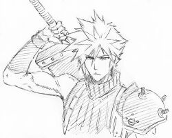 Rule 34 | 1boy, arm up, closed mouth, cloud strife, final fantasy, final fantasy vii, hair between eyes, holding, holding sword, holding weapon, kubo tite (style), looking at viewer, monochrome, muscular, muscular male, nose, parody, rakusakugk, serious, short hair, simple background, sketch, solo, spiked hair, style parody, sword, tsurime, upper body, v-shaped eyebrows, weapon, white background