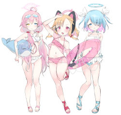 Rule 34 | 3girls, absurdres, animal ear headphones, animal ears, arona (blue archive), bikini, blonde hair, blue archive, blue eyes, blue hair, blush, bow, breasts, cat ear headphones, cat tail, commentary request, drinking straw, fake animal ears, flat chest, flip-flops, frilled bikini, frills, full body, gluteal fold, hair bobbles, hair bow, hair ornament, hair over one eye, halo, halterneck, headphones, heterochromia, highres, hoshino (blue archive), hoshino (swimsuit) (blue archive), inflatable toy, inflatable whale, innertube, long hair, looking at viewer, low twintails, medium hair, momoi (blue archive), multiple girls, navel, parted bangs, petite, pink eyes, pink hair, pushun (muteki), sandals, small breasts, standing, standing on one leg, swim ring, swimsuit, tail, thigh gap, twintails, very long hair, white background, white bikini