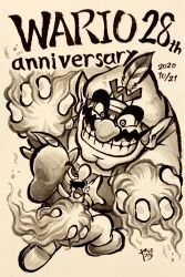 Rule 34 | 2boys, anniversary, big nose, buttons, cabbie hat, commentary request, dated, double chin, english text, facial hair, fighting, fire, frown, gloves, greyscale, hat, hat feather, highres, ink (medium), long sleeves, looking at another, mario, mario (series), monochrome, multiple boys, muscular, muscular male, mustache, nintendo, open mouth, overalls, pointy ears, pyrokinesis, shoes, short hair, signature, smile, super mario land 2, teeth, thick eyebrows, traditional media, v-shaped eyebrows, wario, yamato koara