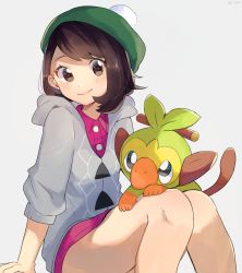 Rule 34 | 1girl, bad id, bad pixiv id, brown eyes, brown hair, closed mouth, commentary request, creatures (company), game freak, gen 8 pokemon, gloria (pokemon), green hat, grey background, grey sweater, grookey, hat, highres, hood, hood down, hooded sweater, looking at viewer, nintendo, pink shirt, pokemon, pokemon (creature), pokemon swsh, ririmon, shirt, short hair, simple background, sitting, smile, sweater, swept bangs, tam o&#039; shanter