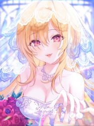 Rule 34 | 1girl, bare shoulders, blonde hair, blush, bouquet, breasts, bridal veil, bride, cleavage, collarbone, dress, eyelashes, fangs, flower, gem, hair over eyes, highres, holding, holding bouquet, idolmaster, idolmaster cinderella girls, idolmaster cinderella girls starlight stage, jewelry, kurosaki chitose, large breasts, long hair, looking at viewer, medium breasts, necklace, nekoyashiki pushio, ornate ring, outstretched hand, parted lips, pearl (gemstone), pov, pov hands, red eyes, ring, rose, smile, solo focus, strapless, strapless dress, veil, wedding dress, wedding ring, white dress