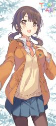 Rule 34 | 1girl, :d, blazer, blush, brown eyes, brown hair, commentary request, hand on own chest, highres, jacket, long hair, low twintails, necktie, okita sawa, open mouth, pantyhose, pleated skirt, school uniform, senri gan, skirt, smile, solo, standing, sweater, tari tari, twintails
