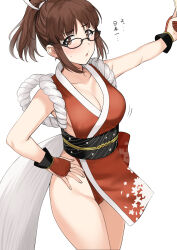 Rule 34 | 1girl, akizuki ritsuko, blush, breasts, brown eyes, brown hair, cleavage, cosplay, cowboy shot, fatal fury, glasses, groin, hand on own hip, highleg, highres, idolmaster, idolmaster (classic), japanese clothes, looking at viewer, medium breasts, medium hair, no bra, obi, ponytail, revealing clothes, rope, sash, shiranui mai, shiranui mai (cosplay), simple background, solo, the king of fighters, tsurui, white background