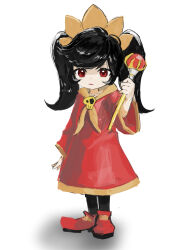 Rule 34 | 1girl, absurdres, ashley (warioware), black hair, black pantyhose, brooch, closed mouth, collared dress, dress, expressionless, female focus, full body, highres, jewelry, mano eglu, nintendo, pantyhose, red dress, red eyes, red footwear, scepter, simple background, skull brooch, solo, standing, twintails, warioware, white background