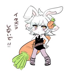 Rule 34 | 1girl, animal ears, bare shoulders, battle bunny riven, bow, bowtie, carrot, detached collar, fake animal ears, female focus, full body, league of legends, leotard, otani (kota12ro08), pantyhose, playboy bunny, rabbit ears, riven (league of legends), simple background, solo, translation request, tristana, white background, wrist cuffs