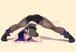 Rule 34 | 1girl, absurdres, ankle strap, arm strap, ass, black choker, black footwear, black gloves, black hair, black sports bra, blue hair, boots, brown pantyhose, choker, colored tips, combat boots, commentary, english commentary, fingerless gloves, flat ass, full body, gloves, head tilt, highres, jack-o&#039; challenge, leg warmers, looking at viewer, multicolored hair, overexciteddragon, pantyhose, purple eyes, purple leg warmers, reina (tekken), see-through, see-through shirt, short hair, short shorts, shorts, skindentation, solo, sports bra, tekken, tekken 8, thick thighs, thighs, tongue, tongue out, two-tone hair, watermark