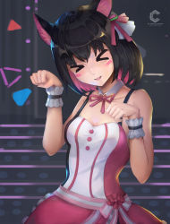 Rule 34 | &gt; &lt;, 1girl, absurdres, azki (3rd costume) (hololive), azki (hololive), black hair, breasts, cleavage, collarbone, colored inner hair, detached collar, highres, hololive, idol clothes, kemonomimi mode, medium breasts, multicolored hair, open mouth, paw pose, pink hair, pink skirt, short hair, skirt, smile, solo, virtual youtuber, wrist cuffs, yan guang aoxiang