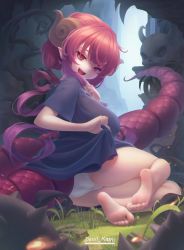 Rule 34 | 1girl, :d, absurdres, arm up, barefoot, black shirt, breasts, cave, daxieshen huashi, dragon girl, dragon horns, dragon tail, drill hair, feet, gradient hair, grass, half-closed eyes, highres, horns, huge breasts, ilulu (maidragon), kneeling, kobayashi-san chi no maidragon, large breasts, long hair, looking at viewer, low twintails, mace, multicolored hair, no pants, on one knee, open mouth, outdoors, oversized clothes, panties, pointy ears, purple hair, red eyes, red hair, seductive smile, sharp teeth, shirt, shortstack, sidelocks, sitting, skull, slit pupils, smile, soles, solo, spikes, tail, teeth, toes, twintails, underwear, weapon, white panties