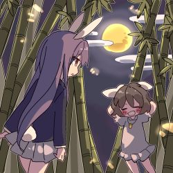 Rule 34 | 2girls, bamboo, bamboo forest, blazer, blush stickers, brown hair, carrot necklace, cowboy shot, dress, forest, frilled dress, frills, full moon, highres, imperishable night, inaba tewi, jacket, jewelry, long hair, long sleeves, looking at viewer, moon, multiple girls, nako7575ko, nature, necklace, open mouth, outdoors, pleated skirt, purple hair, reisen udongein inaba, short hair, short sleeves, skirt, touhou, very long hair